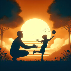 Obraz premium Father and Son Playing with a Ball at Sunset