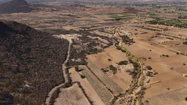 Aerial perspective of Oaxaca's central valleys and archaeological sites during a drought