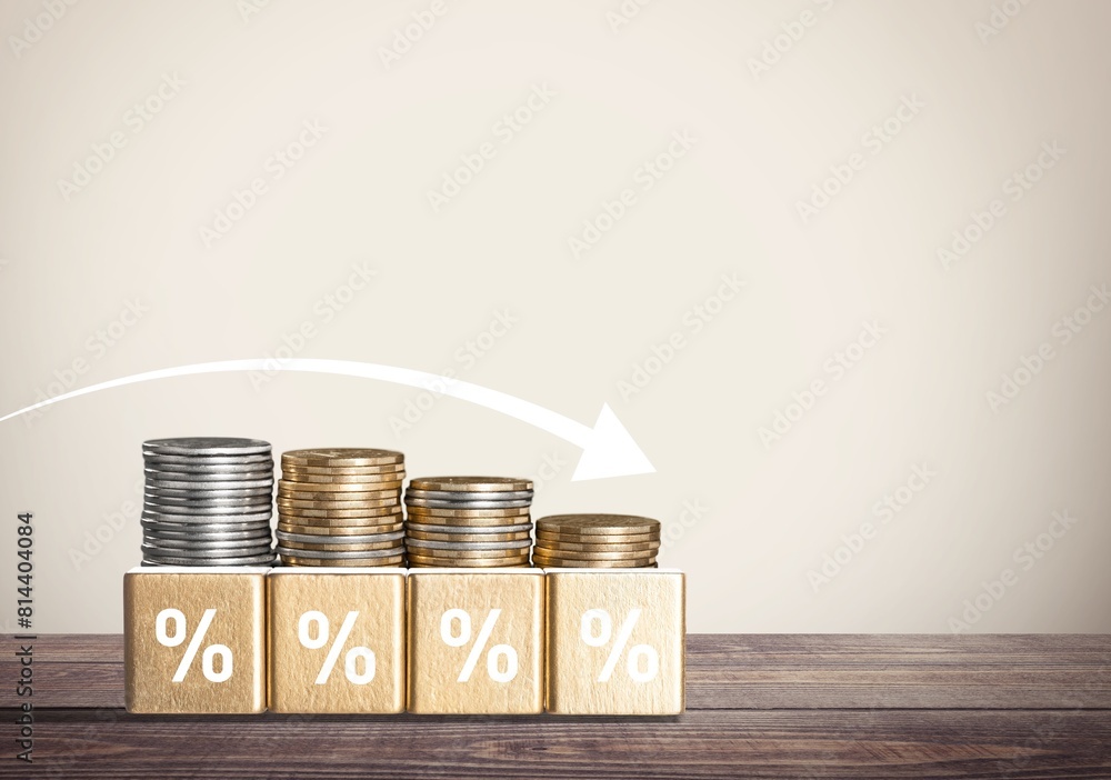 Poster coins stacking on cube block with arrow