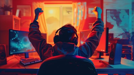 Gamer Celebrates Victory in Orange Game Room Generative AI