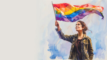 Watercolor paint of a woman holding rainbow flag for pride celebration
