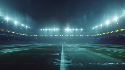 Stadium Nighttime Scene with Illuminated Football Field Generative AI