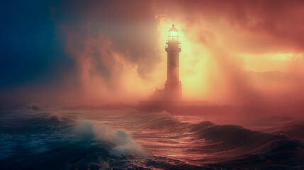 Dreamy landscape: A lonely lighthouse stands on the rough coast