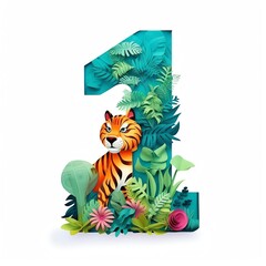 Number 1 combination with A cute tiger, playfully inspects a flower in a charming illustration