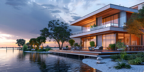 3 d rendering of modern house in the garden with pool on the hill Luxury Modern House with Garden and Pool on a Hill" 
