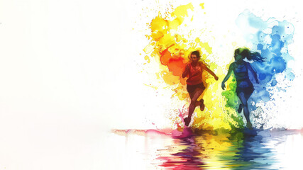 Rainbow watercolor paint of 2 women run for pride equality celebration