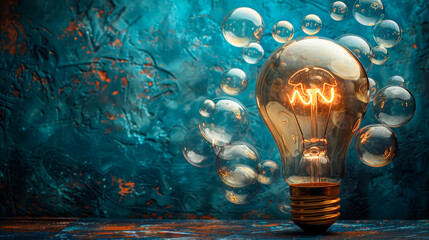 Creative Thinking: A light bulb surrounded by a jumble of thought bubbles