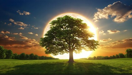 3d view of sun on sky with tree and nature landscape