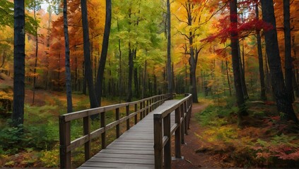 Beautiful wooden pathway going the breathtaking colorful trees in a forest