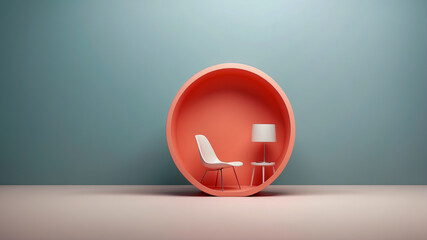 A surreal minimalist interior space with a chair contained within a large spherical frame, personal private space. Useful for interior design, architecture, and creative conceptual ideas.