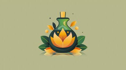 Abstract design of a bottle with essential oils with lotus flowers. Logo for massage, wellness, healing, recovery or aromatherapy business.