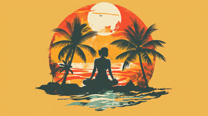 Illustrated icon/logo/design of a golden meditating woman sitting cross legged on a beach between palm trees at sunset. Logo for wellness, aromatherapy, healing, recovery or massage business.