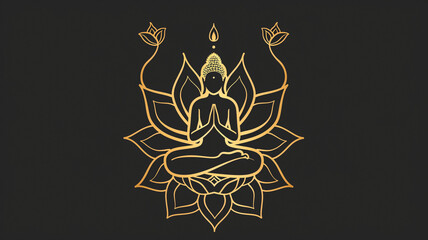 Illustrated icon/logo/design of a golden meditating person sitting cross legged in a lotus flower. Logo for wellness, aromatherapy, healing, recovery or massage business.
