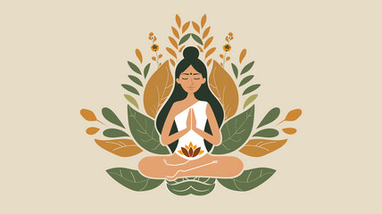 Illustrated icon/logo/design of a woman meditating while sitting cross legged in leaves. Logo for wellness, aromatherapy, healing, recovery or massage business.