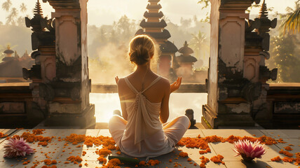 Blond young woman sitting cross legged meditating in a temple in Bali.