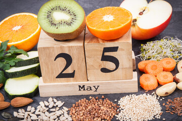 Nutritious food and May 25 on calendar as date of World Thyroid Day. Problems with thyroid....
