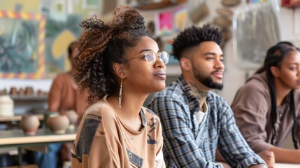 Multicultural pottery students sitting at pottery workshop with tutor.