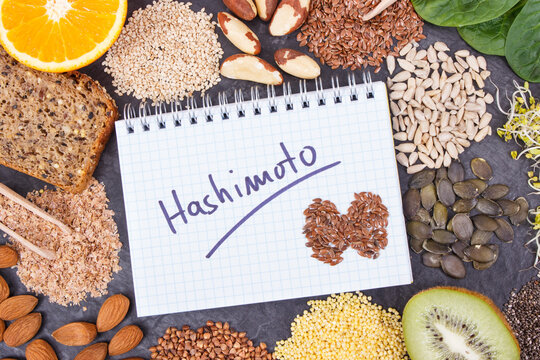Notepad with inscription hashimoto and best ingredients or products for healthy thyroid. Food as source vitamins