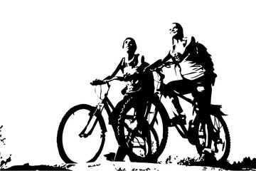 Obraz premium A ride on the bicycle. Happy guy and girl relaxing together on bicycles. Side view. Stylization. Black silhouette on a white background