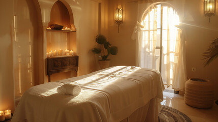 Massage table with light streaming in through a window at a massage spa.