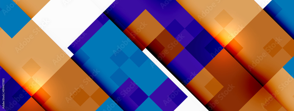 Poster a colorful abstract background featuring purple, violet, and magenta squares on a white textile patt