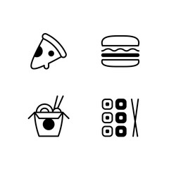 Vector fastfood icon templates. Flat food dish symbol illustrations. Simple junk food pictogram set. Restaurant menu symbols for pizza, burger, sushi, rolls, noodles, ramen