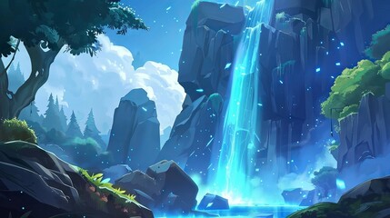 A vibrant vector illustration of a summer night scene featuring a lively party by a waterfall. the waterfall cascades into a serene lake surrounded by lush green trees and rocks.