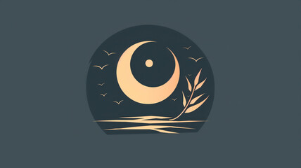 Abstract illustration of the moon setting over a swamp with birds flying around against a blue background. Logo for massage, wellness, healing, recovery or aromatherapy business.