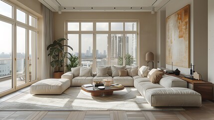 Fototapeta premium Hyperrealistic portrayal of a modern living room with rustic design elements, focusing on a fusion of old and new with exposed brick and modern textiles, featuring a balanced and inviting ambiance.