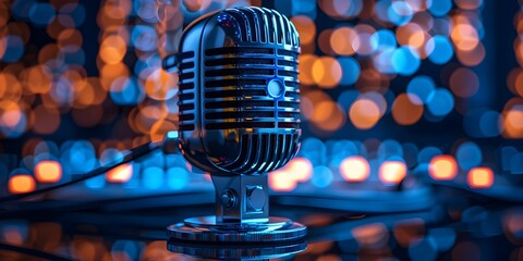 Vintage Microphone in Podcast Studio with Glowing Lights and Blurred Background Suitable for Technology Digital and Internet Concept Imagery
