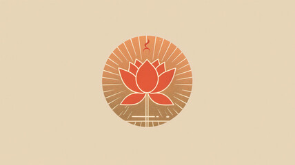 Abstract illustration of a peaceful orange lotus flower in front of the sun as rays shoot out. Logo for massage, wellness, healing, recovery or aromatherapy business.