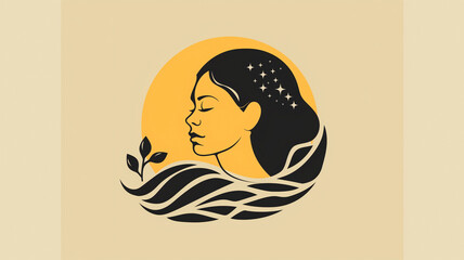 Illustrated icon/logo/design of a woman's face in profile with a frame black waves and plant on beige background. Logo for wellness, aromatherapy, healing, recovery or massage business.