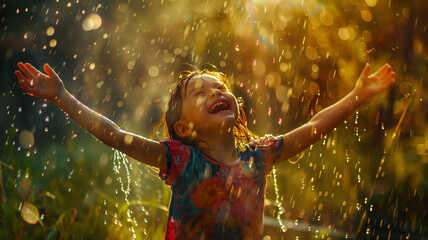 Caucasian female child dancing in the rain in a field backlit by the sun setting in the distance. © RealityForge
