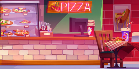 Pizza restaurant interior. Vector cartoon illustration of Italian pizzeria, fast food piece and drink in paper cup on wooden, table, glass display, cash desk counter, catering and delivery service