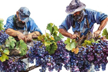 Hardworking Vineyard Workers Tending the Vines in Watercolor Farmhouse Chic