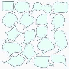 Collection of hand drawn think and talk speech bubbles with love message, greetings and sale ad. Doodle style comic balloon, cloud, heart shaped design elements. Isolated vector.