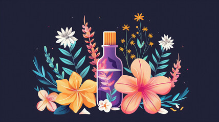 Abstract design of a bottle holding essential oils surrounded by plants and flowers. Logo for wellness, healing or aromatherapy business.