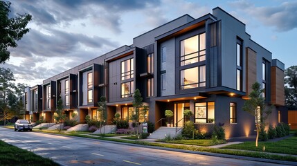 Modern modular private townhouses. Residential architecture exterior. 