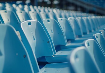 Fototapeta premium A perspective view of empty light blue seats in rows at an outdoor sports stadium