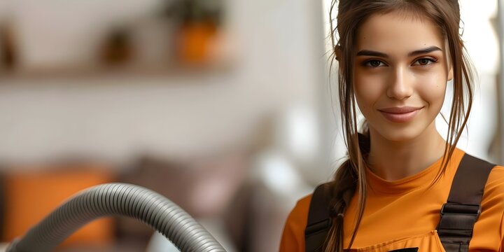 Female cleaning service worker using vacuum cleaner in modern apartment. Concept Cleaning Services, Housekeeping, Modern Apartment, Vacuum Cleaner, Female Worker