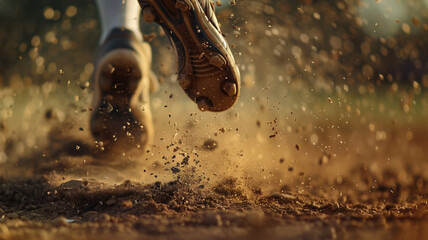 Low angle shot of a baseball players feet in cleats running through the bases sending dirt and dust flying