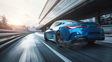 Rear view of blue Business car on high speed in turn. Blue car rushing along a high-speed highway.