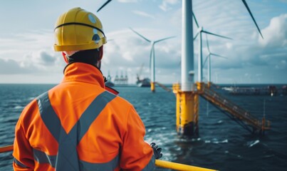 A professional shot of a worker in safety gear observing offshore wind turbines from a platform