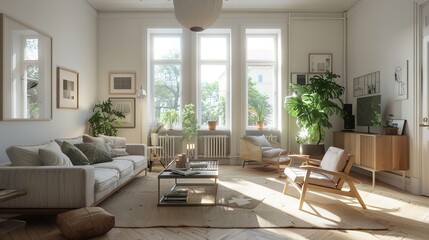 A cozy living room with light wood floors, white walls, and cozy textiles, adorned with minimalist 