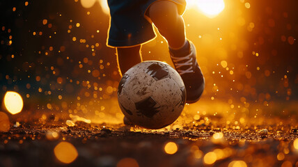 Low shot of a teenagers feet kicking a soccer ball on a grass field surrounded by falling water droplets while backlit by the setting sun