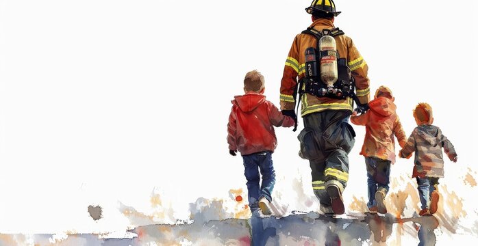 A touching portrayal of a firefighter leading children to safety, encapsulating heroism and care in a watercolor effect