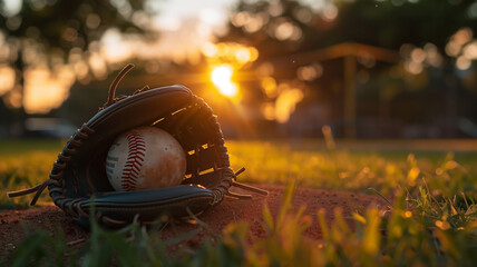 Baseball in a glove laying on a field backlit by the setting sun