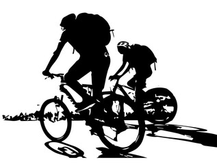 Naklejka premium A ride on the bicycle. Two cyclists ride bicycles. Back view. Stylization. Black silhouette on a white background