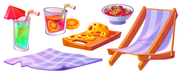 Cute food and accessories for outdoor picnic in park - checkered blanket and lounge chair, cheese on cutting board and cherry tomato in bowl, glasses with summer cocktails. Cartoon vector set.