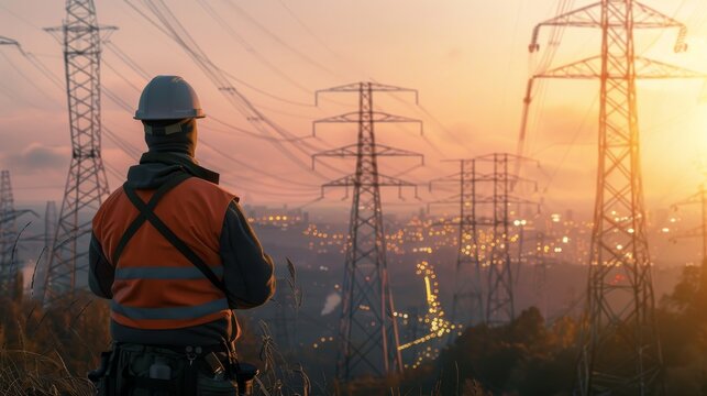 A rear view of an engineer in reflective gear overlooking vast power lines against a sunset